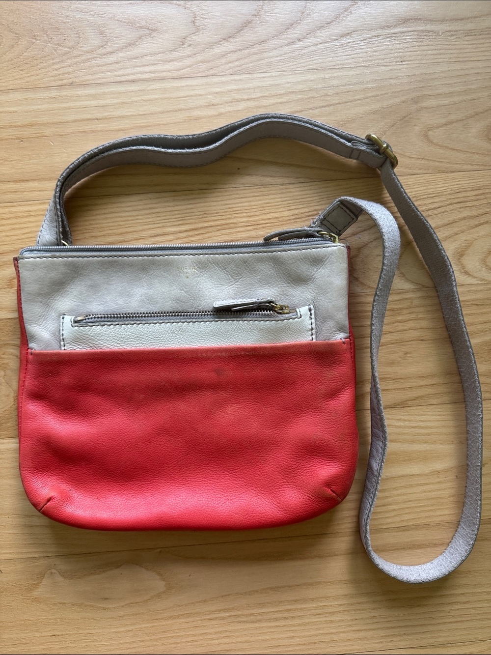 Fossil Leather Crossbody Bag Colorblock Coral Cream Neutral Adjustable Strap